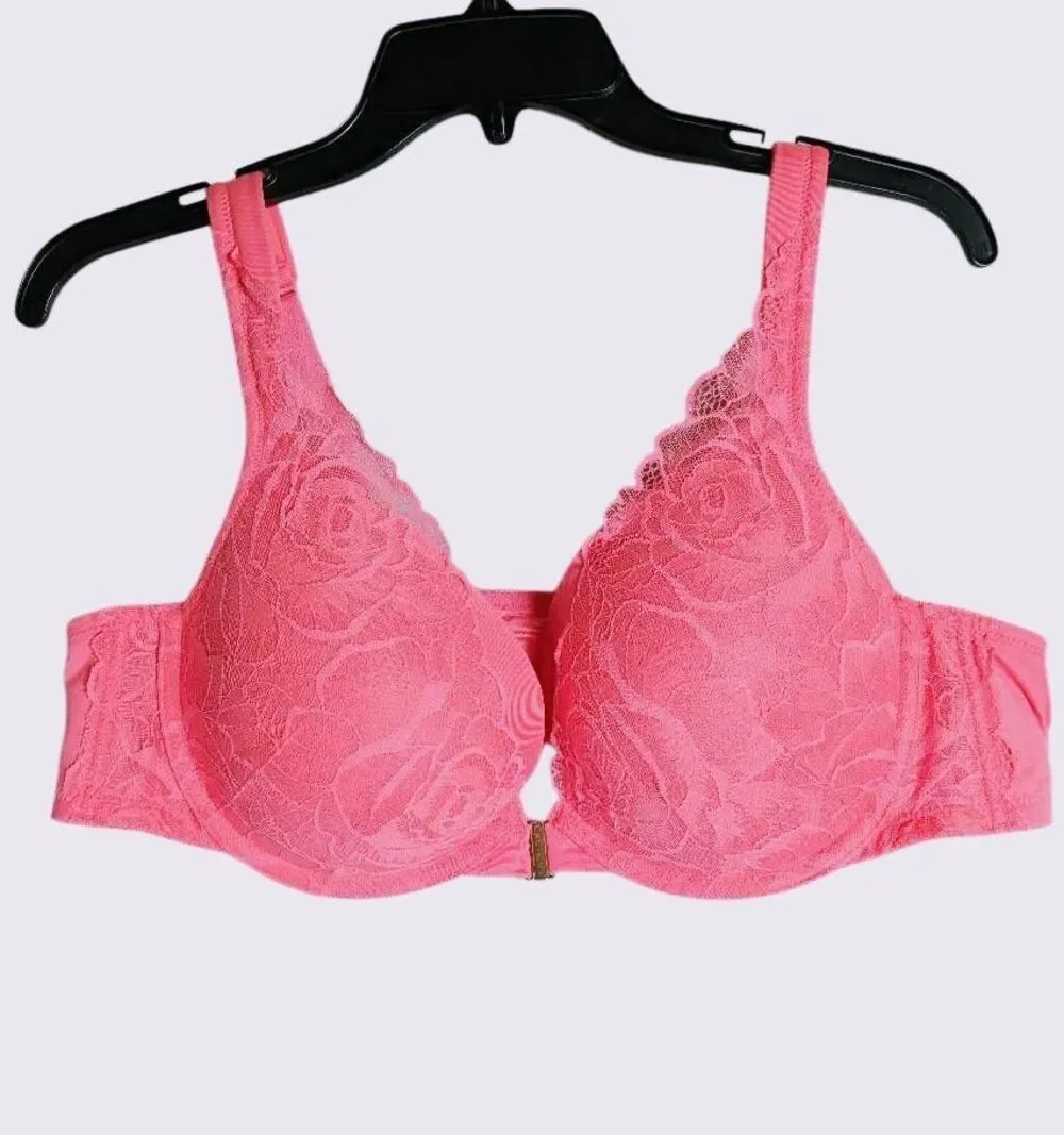 Cacique Hot Pink melon salmon lace boost plunge push up front close bra 44B